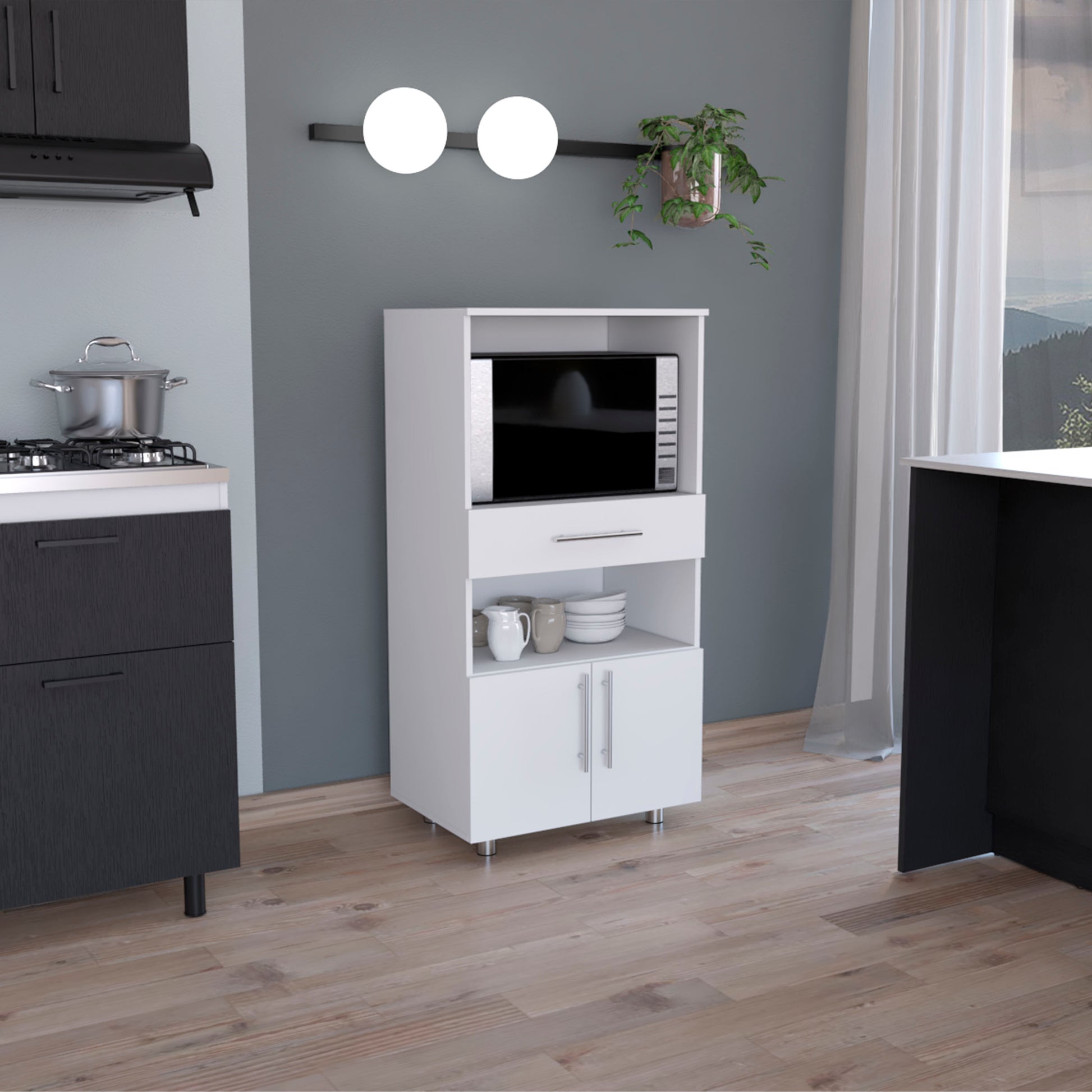 Kitchen Pantry 48" H, Two Open Storage Shelves, One for Microwave, Two Doors, Four Legs, White