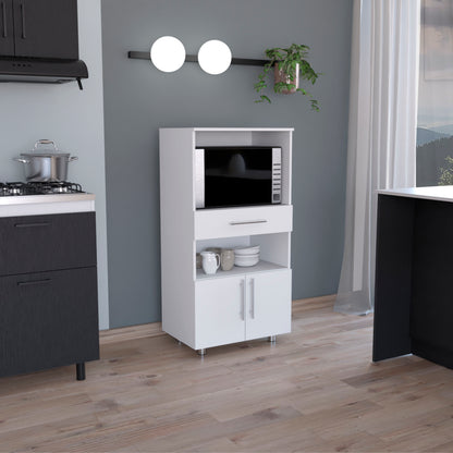 Kitchen Pantry 48" H, Two Open Storage Shelves, One for Microwave, Two Doors, Four Legs, White
