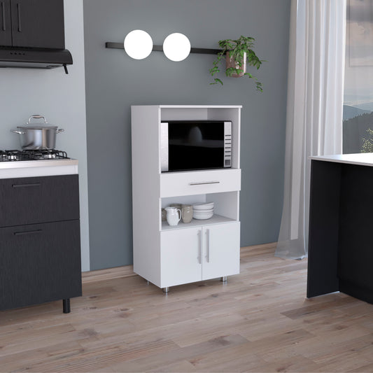 Kitchen Pantry 48" H, Two Open Storage Shelves, One for Microwave, Two Doors, Four Legs, White