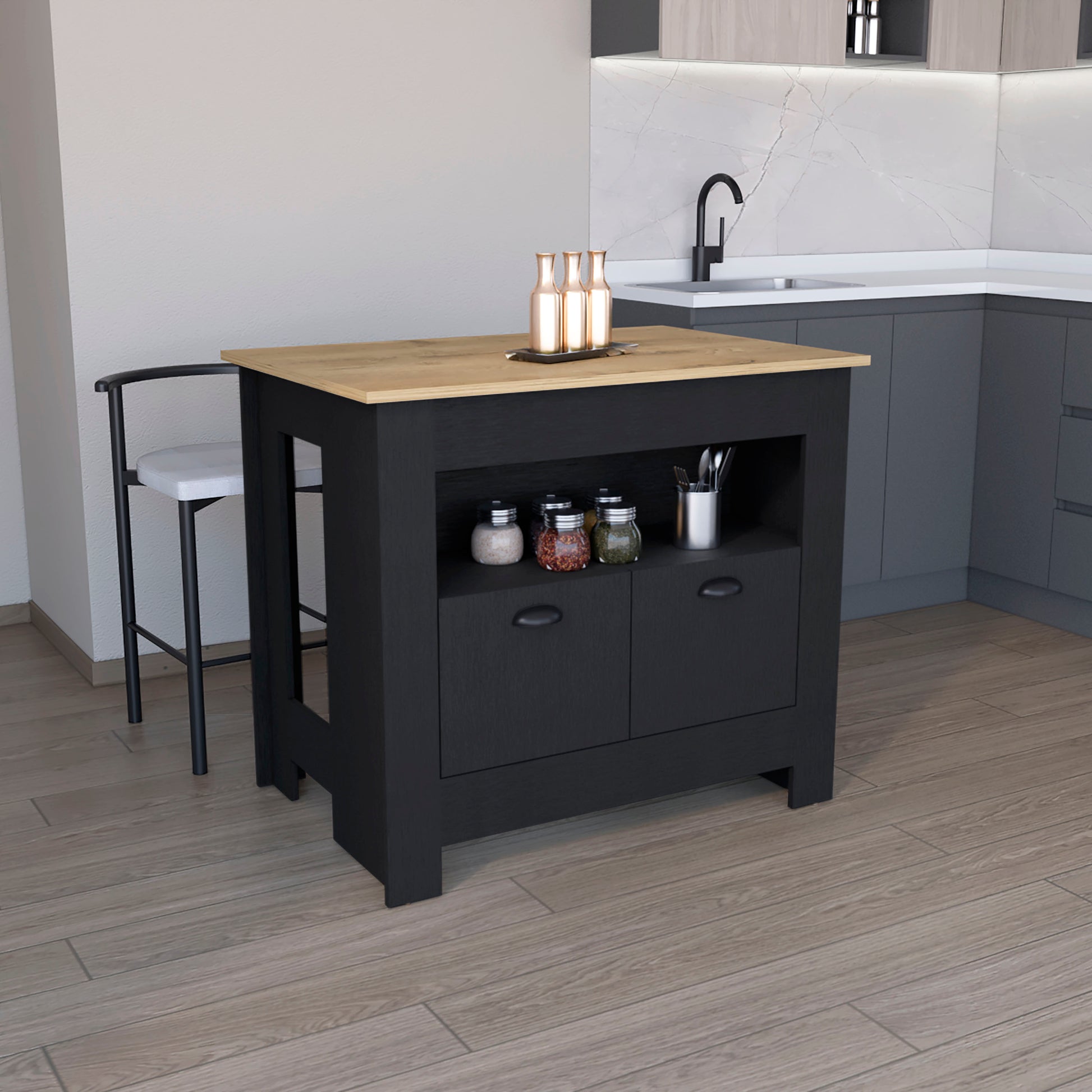 Floyd Kitchen Island 35" H, whit  2 doors, 3 shelves, Black/Macadamia