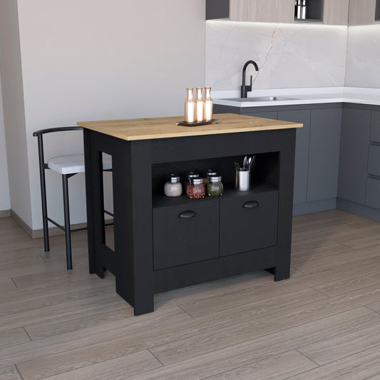 Floyd Kitchen Island 35" H, whit  2 doors, 3 shelves, Black/Macadamia