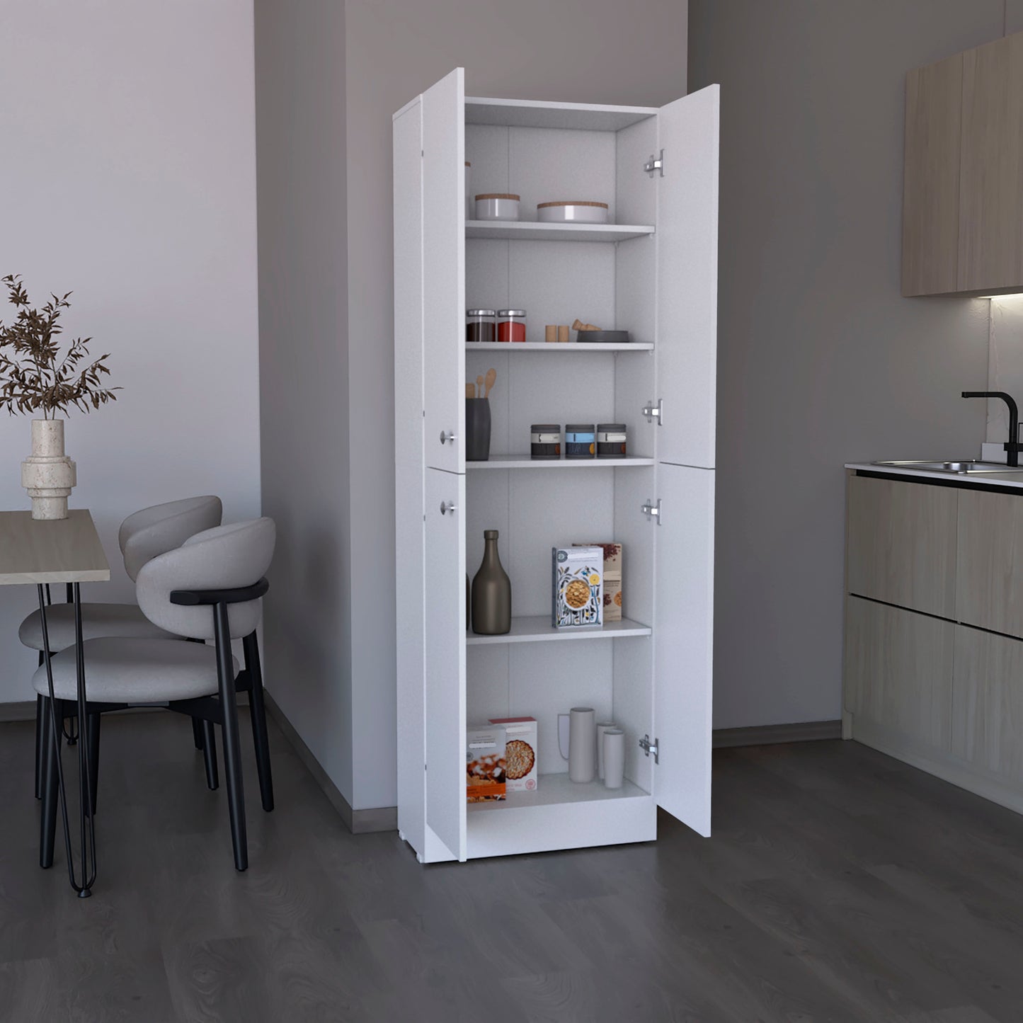 Kitchen Pantry 71" H, 4 Doors, 5 Adjustable Shelves, White