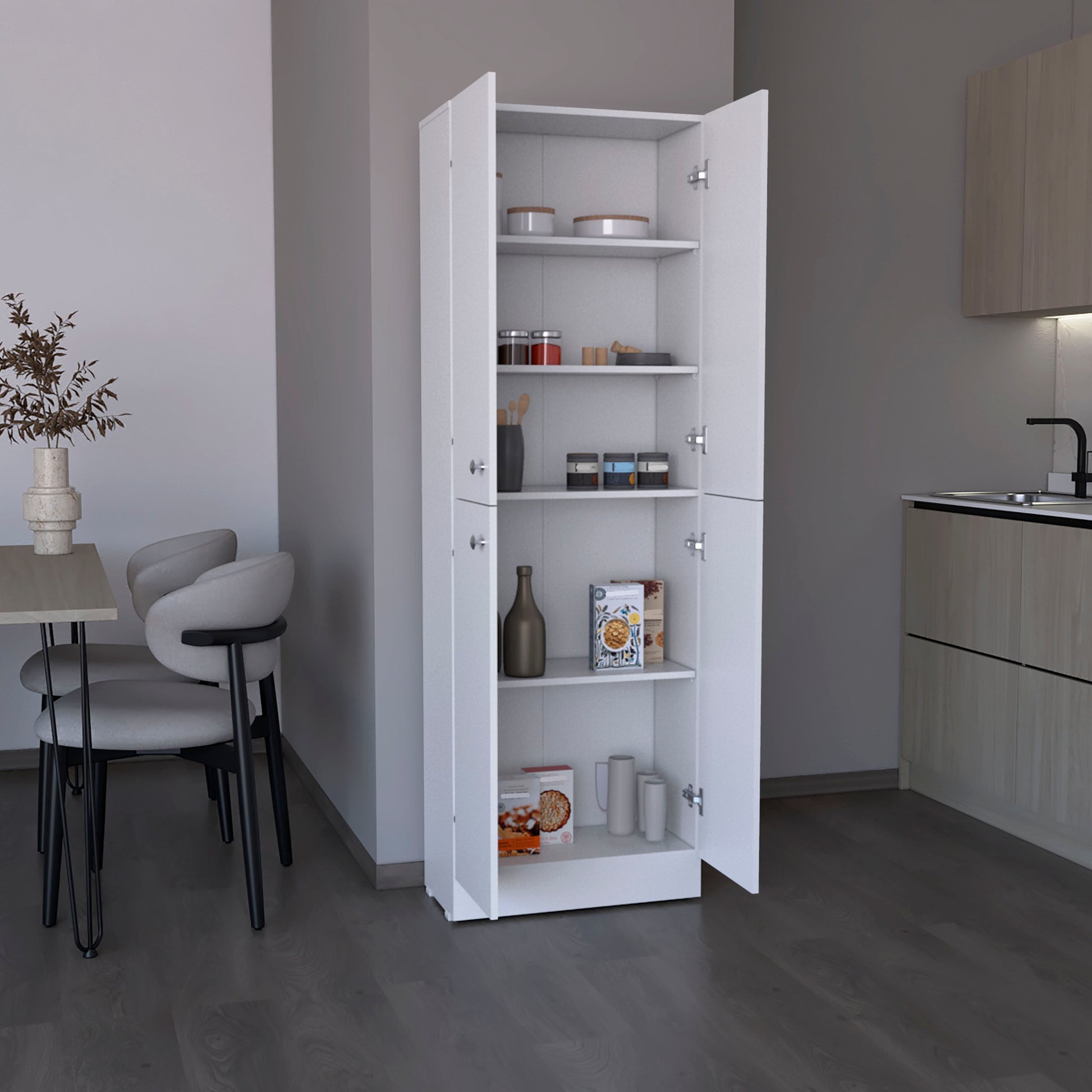 Kitchen Pantry 71" H, 4 Doors, 5 Adjustable Shelves, White