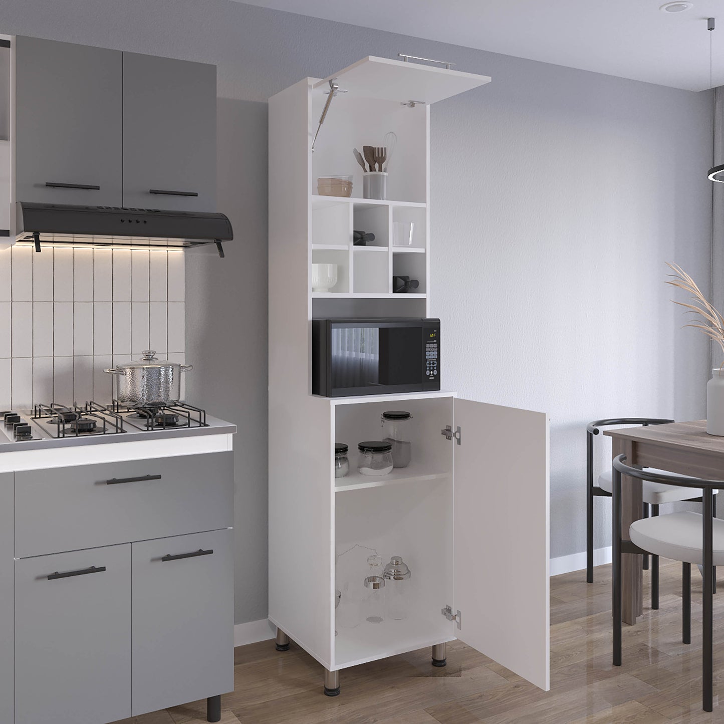 White Kitchen Pantry Server - 2 Doors, 8 Shelves