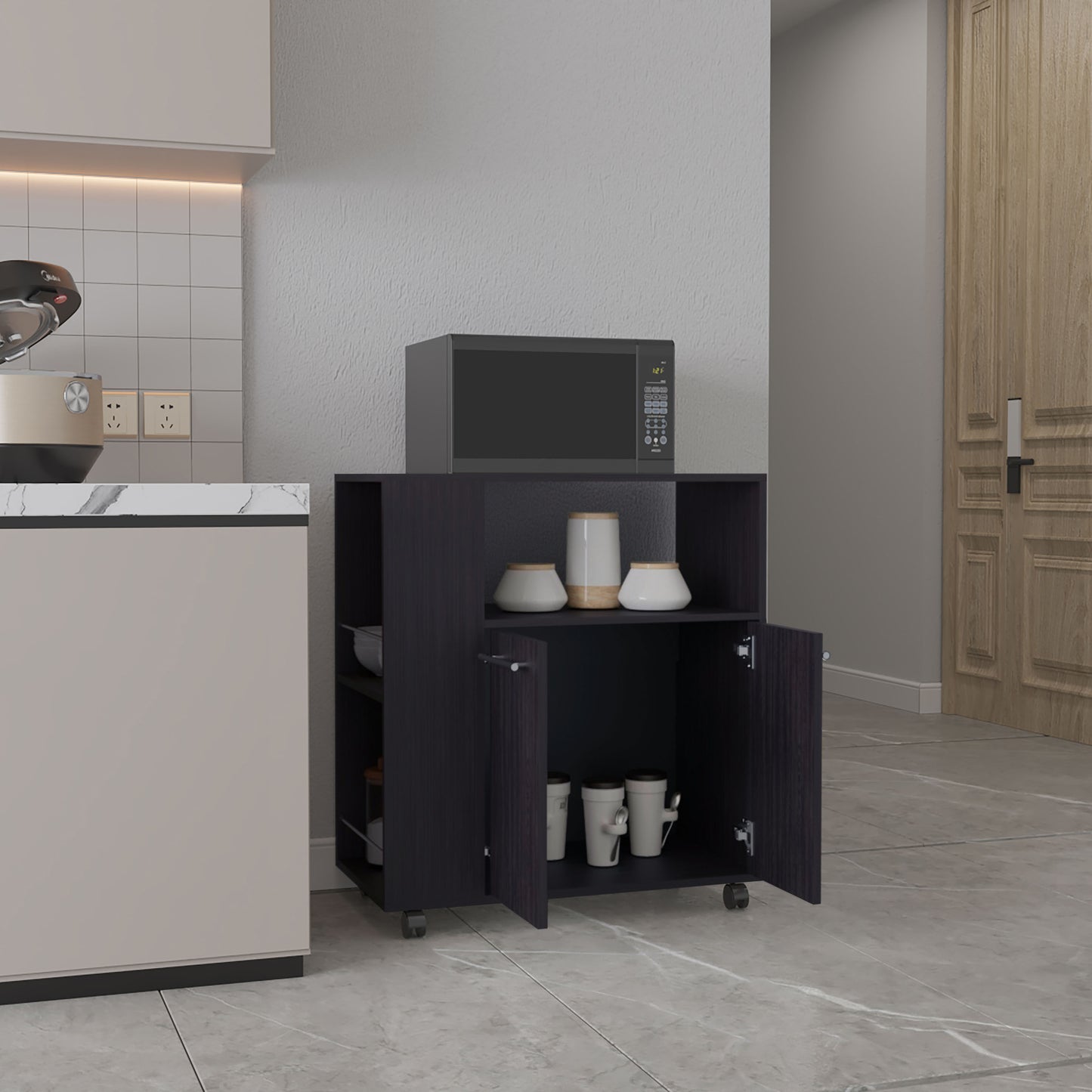Black Kitchen Cart with 2 Doors & 3 Shelves