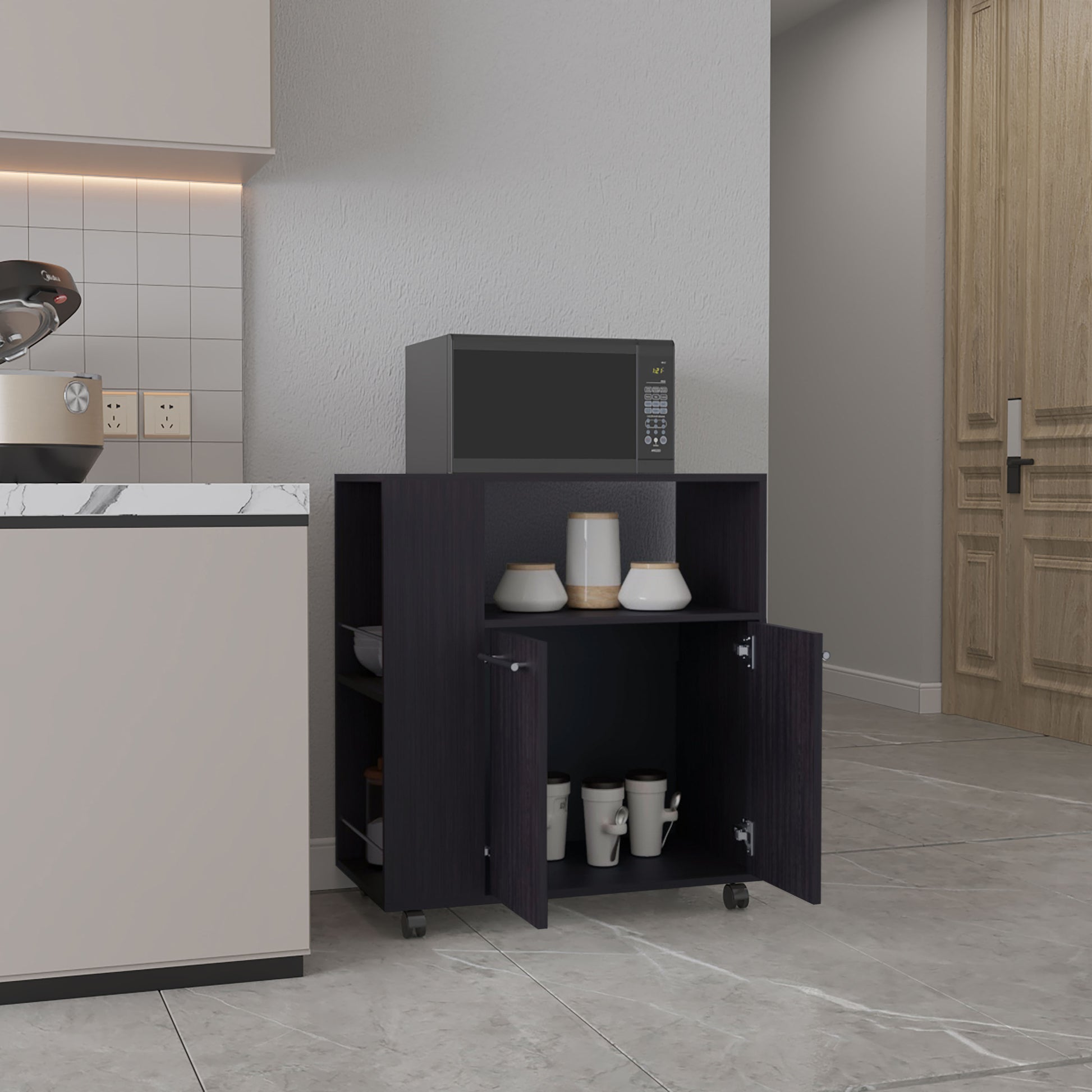Black Kitchen Cart with 2 Doors & 3 Shelves