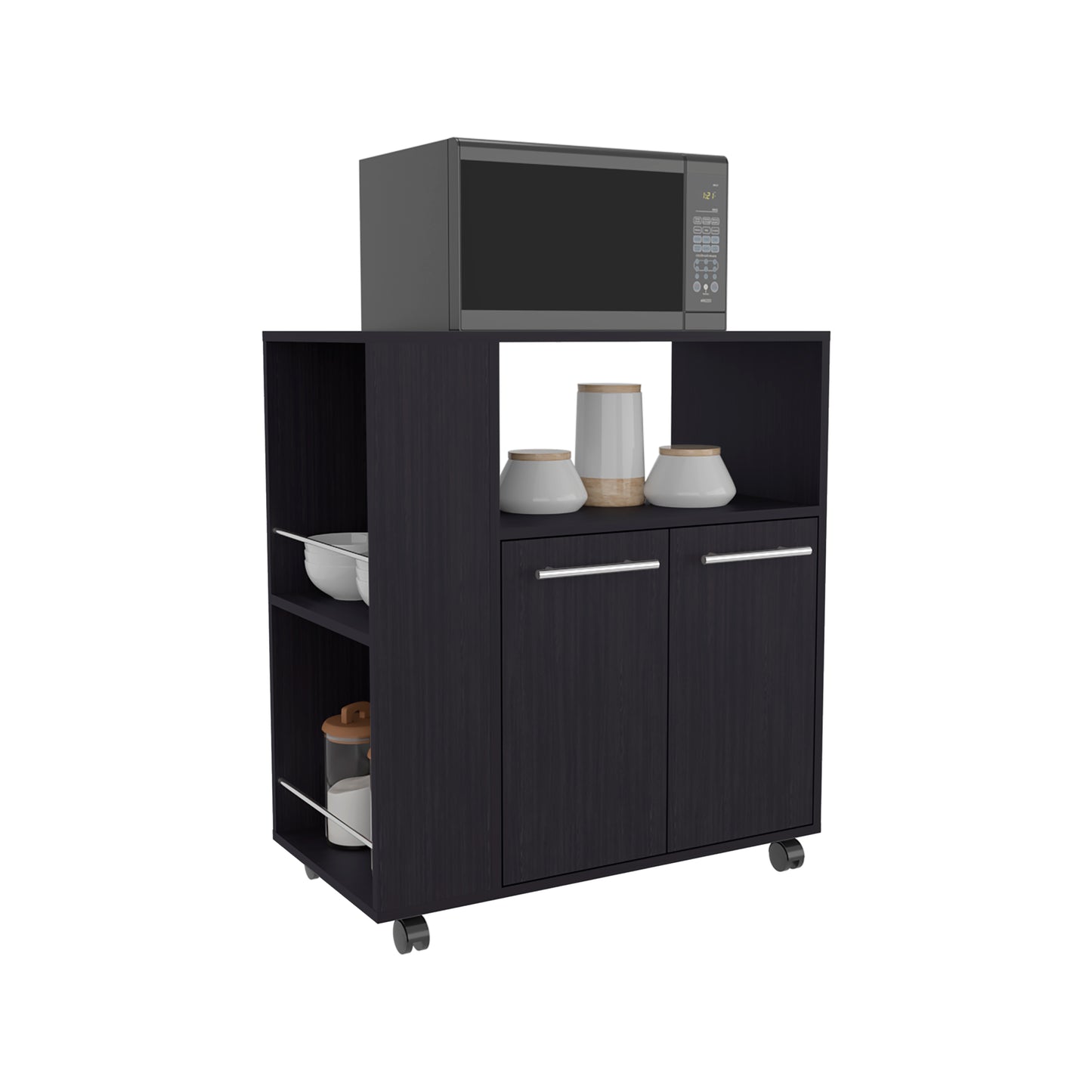 Black Kitchen Cart with 2 Doors & 3 Shelves