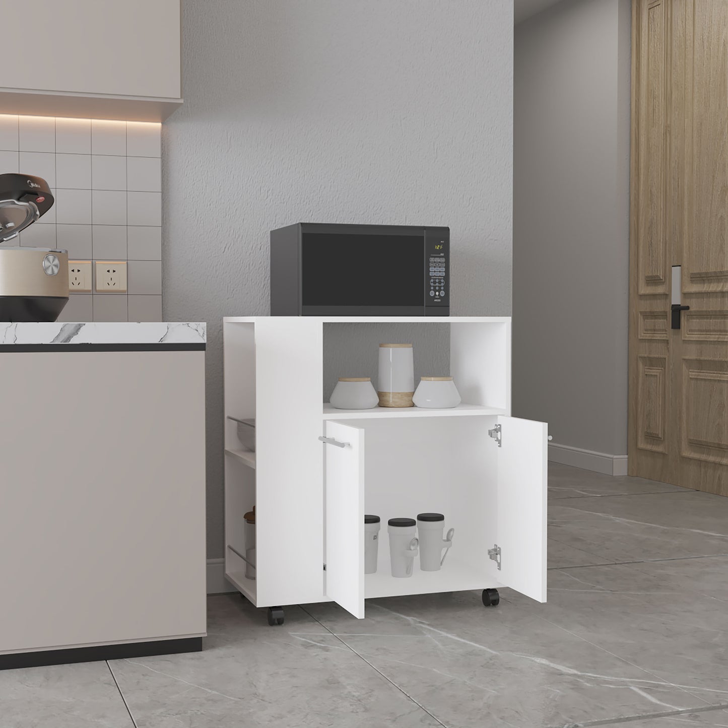 White Kitchen Cart - 2 Doors, 3 Shelves, Mobile Storage for Dining Room