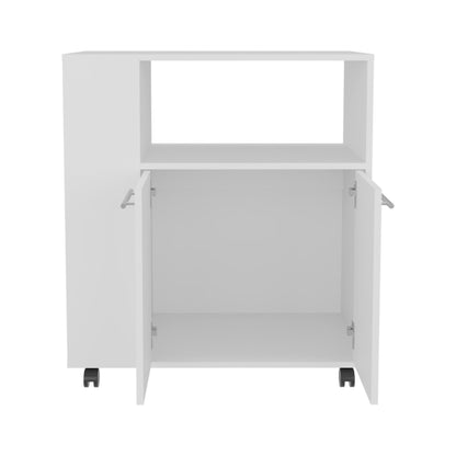 White Kitchen Cart - 2 Doors, 3 Shelves, Mobile Storage for Dining Room