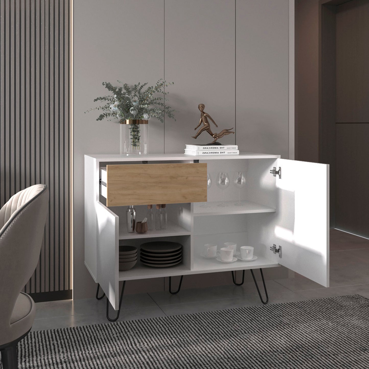 White Engineered Wood Sideboard - 2 Doors, 1 Drawer, 4 Shelves