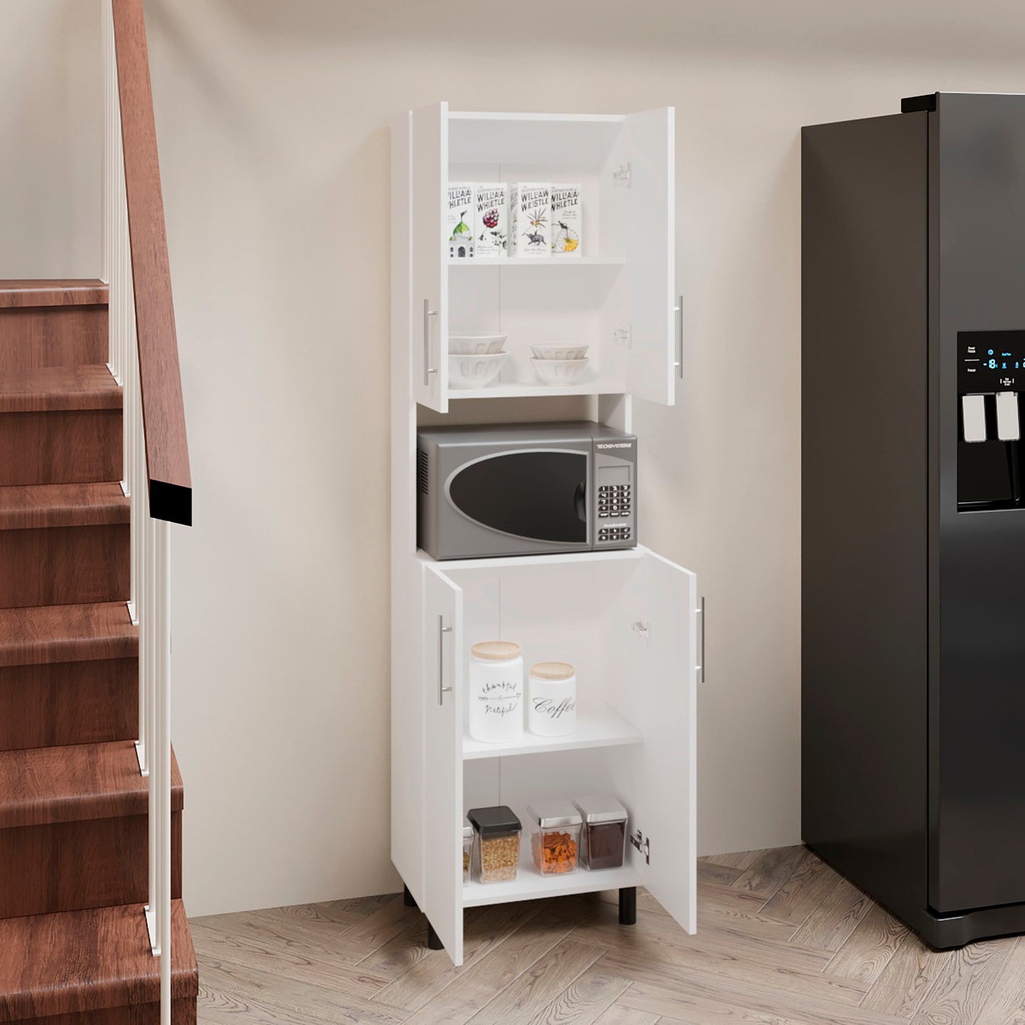 White Engineered Wood Kitchen Server with Shelves for Dining Room