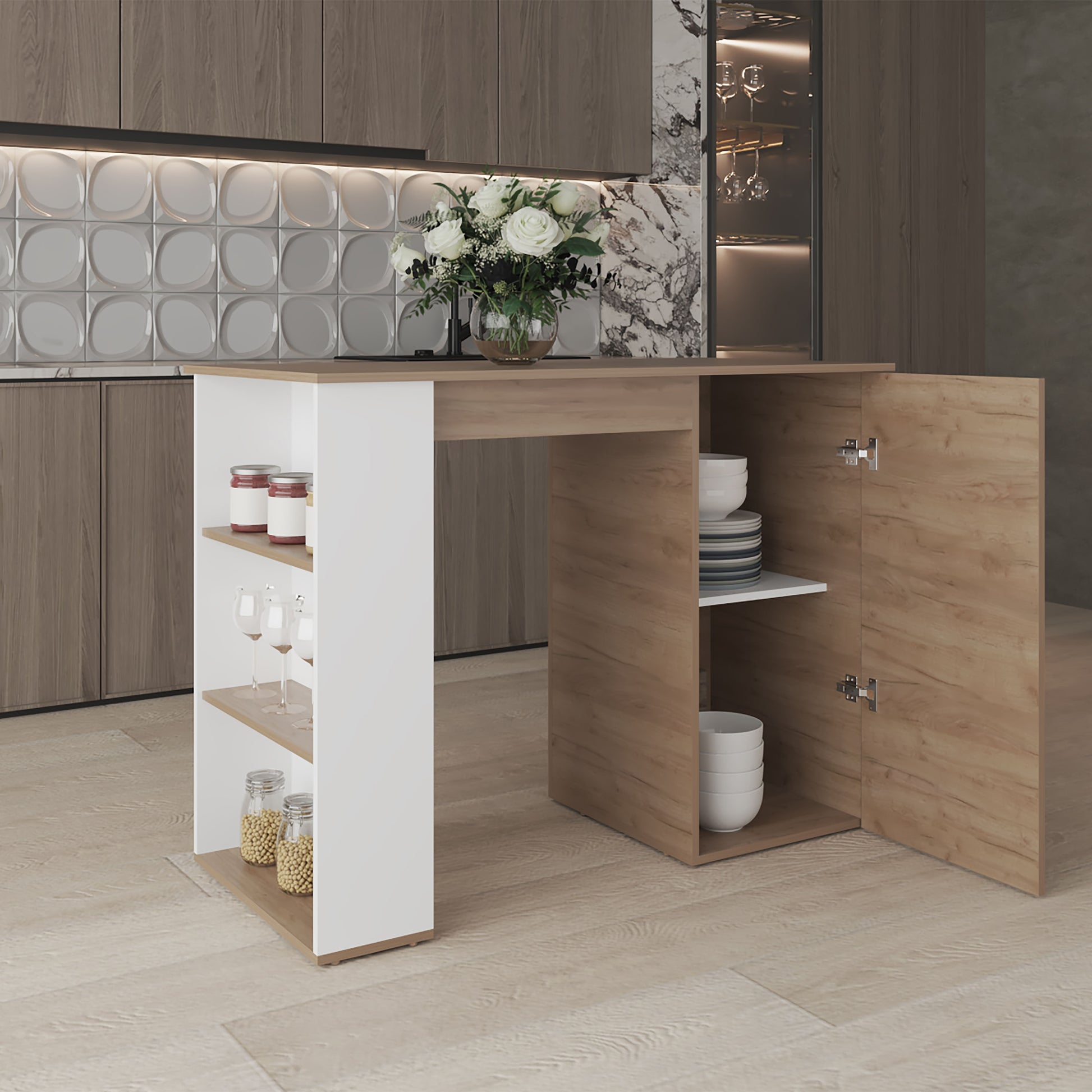 Natural Wood Kitchen Island with Storage Shelves for Dining Room