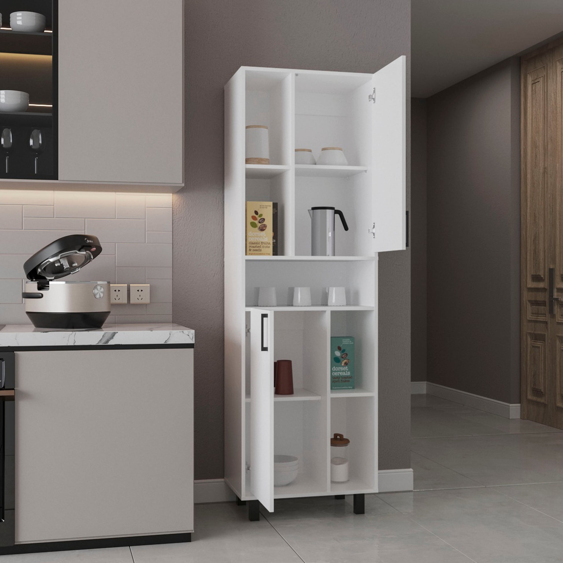 Kitchen Pantry Cabinet - White, 2 Doors, 9 Shelves