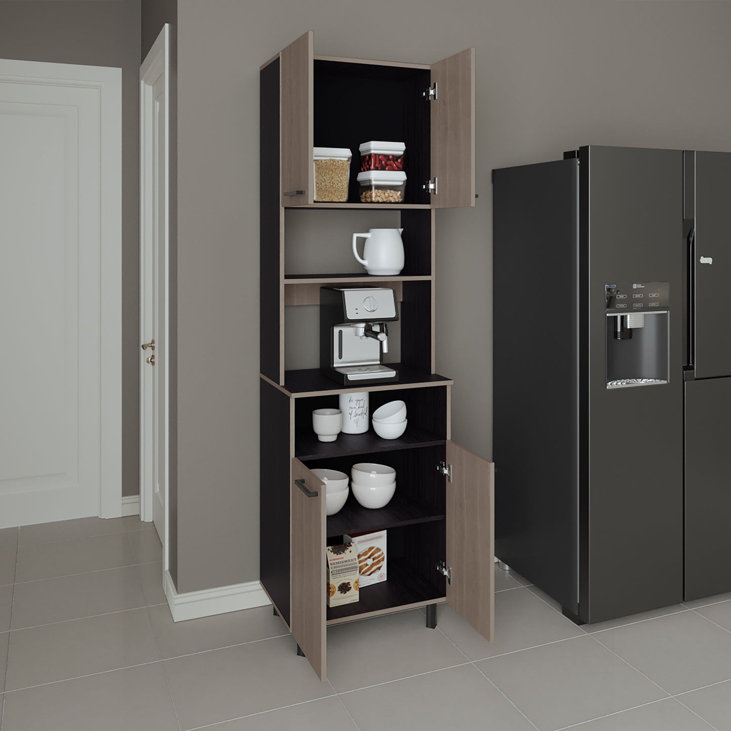White Oak Kitchen Pantry Cabinet with 4 Doors for Maximizing Storage