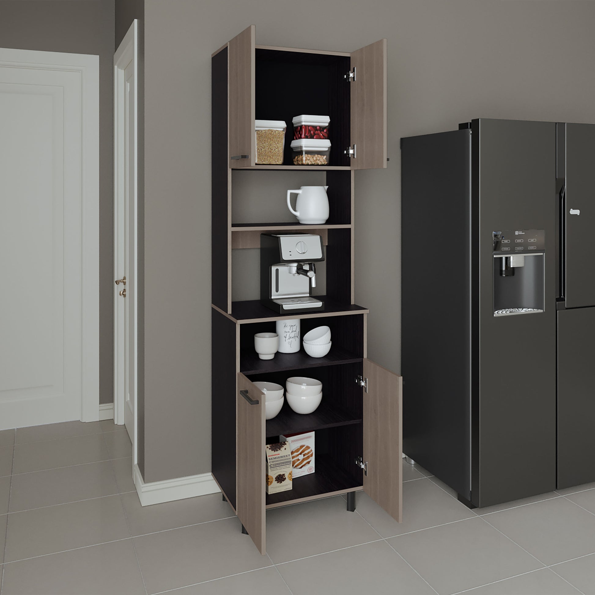 White Oak Kitchen Pantry Cabinet with 4 Doors for Maximizing Storage
