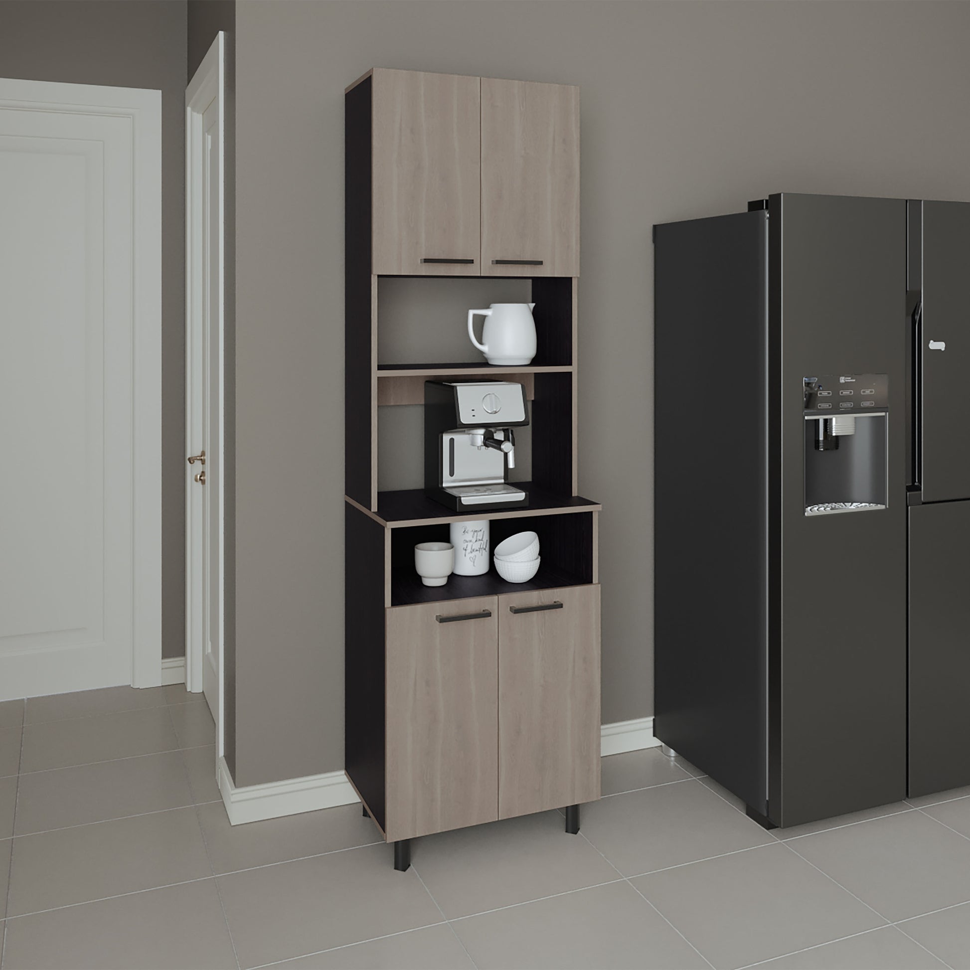 Kitchen Pantry, 4 Doors, 4 Legs, 4 Shelves, White Oak / Black Wengue