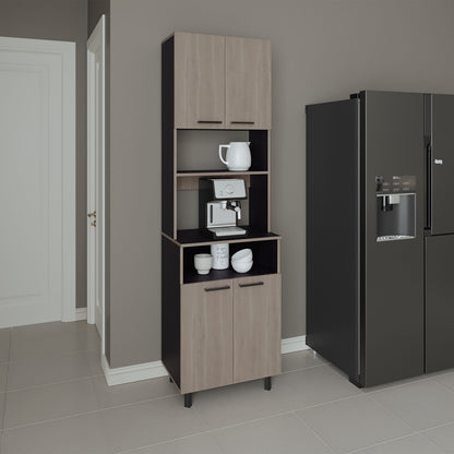 Kitchen Pantry, 4 Doors, 4 Legs, 4 Shelves, White Oak / Black Wengue