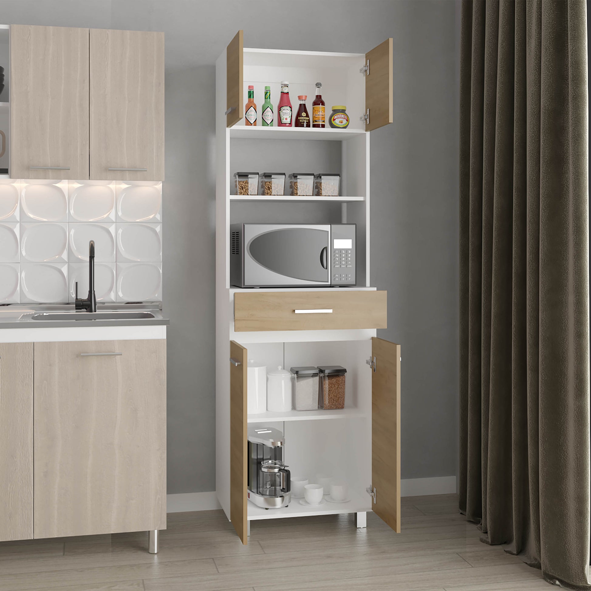 Beige White Kitchen Server Cabinet - 4 Doors, 1 Drawer