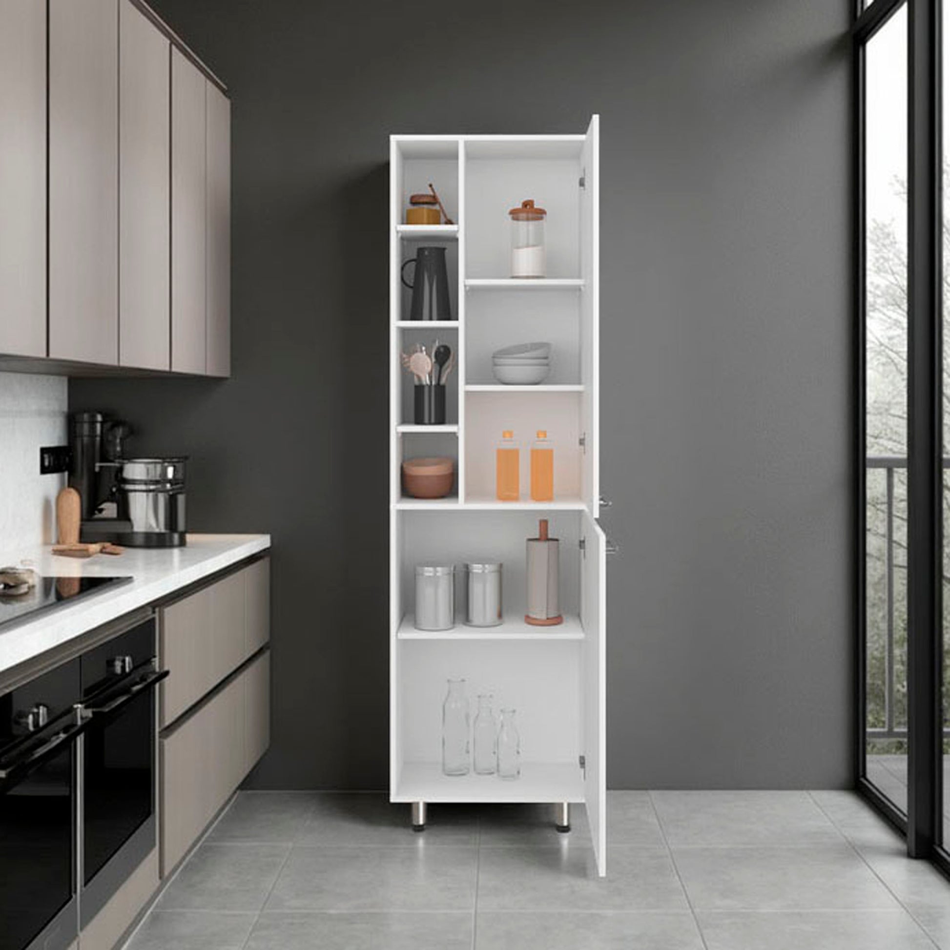 White Engineered Wood Kitchen Storage Sideboard with 8 Fixed Shelves