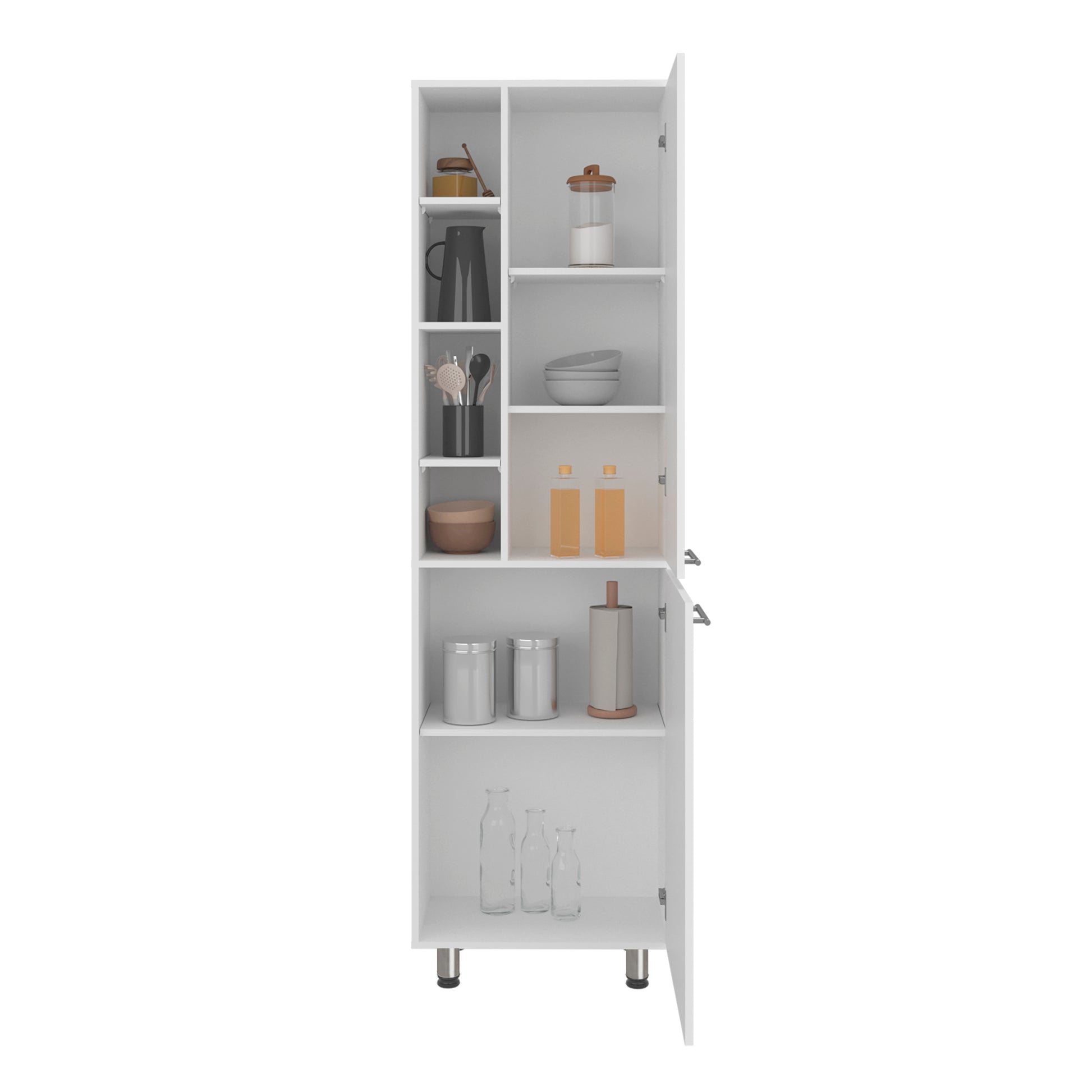 White Engineered Wood Kitchen Storage Sideboard with 8 Fixed Shelves