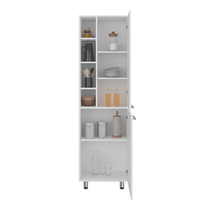 White Engineered Wood Kitchen Storage Sideboard with 8 Fixed Shelves