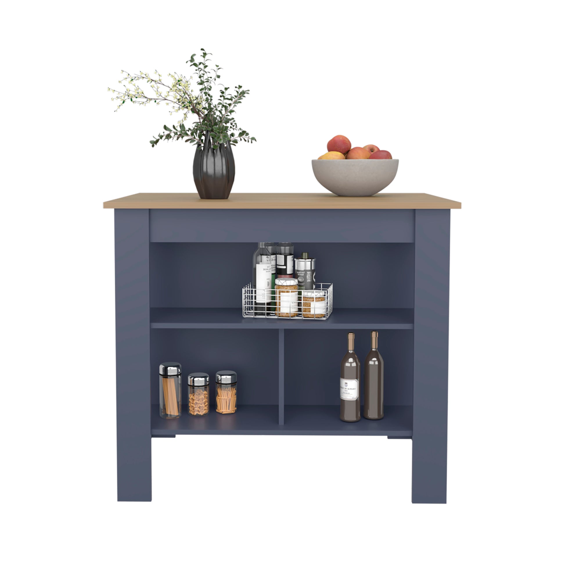 Kitchen Island 35.3" H, 3 Shelves, Alby Blue / Natural Oak - Kitchen