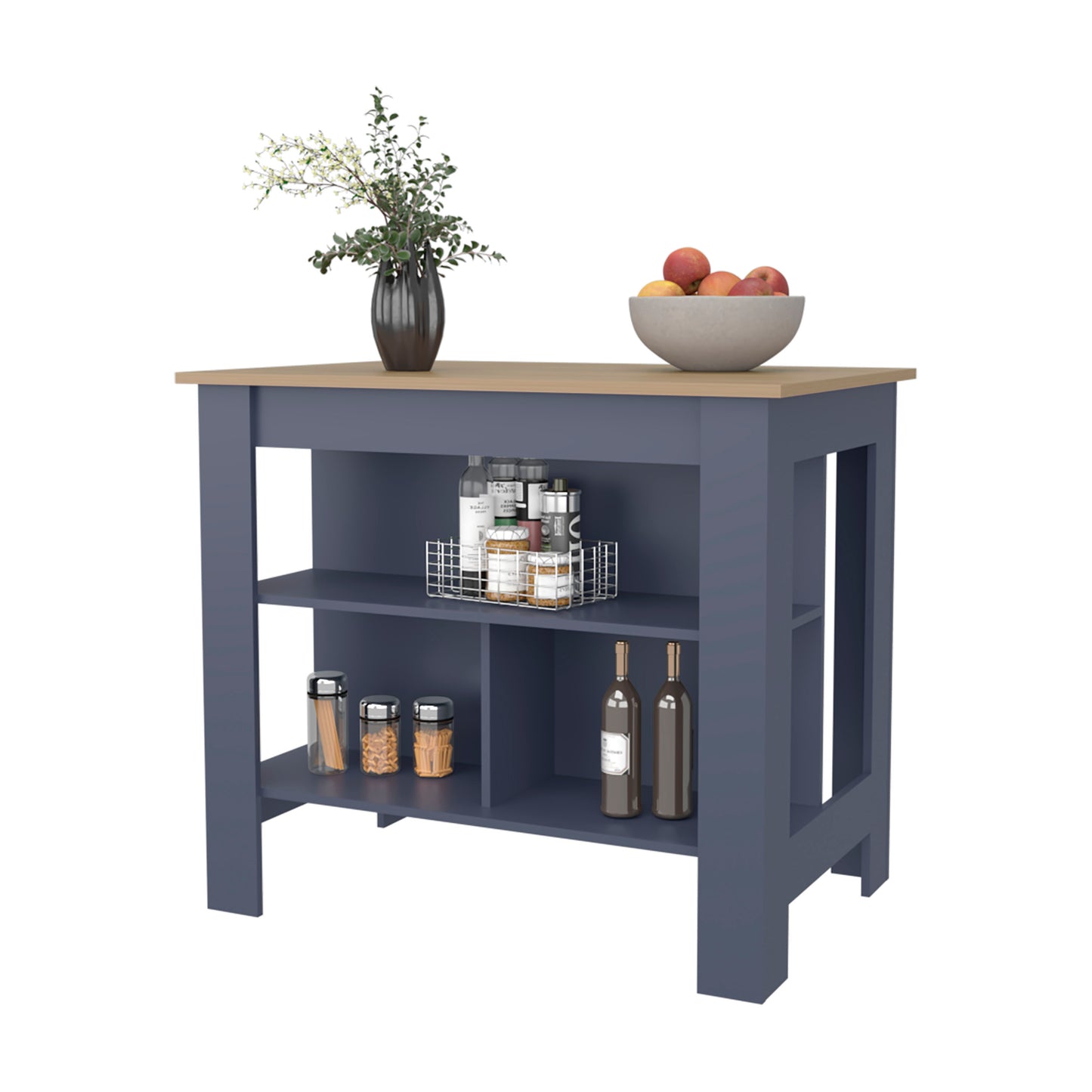 Kitchen Island 35.3" H, 3 Shelves, Alby Blue / Natural Oak - Kitchen