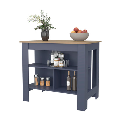Kitchen Island 35.3" H, 3 Shelves, Alby Blue / Natural Oak - Kitchen