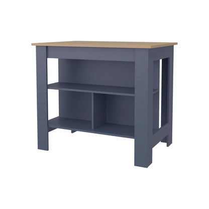 Kitchen Island 35.3" H, 3 Shelves, Alby Blue / Natural Oak - Kitchen