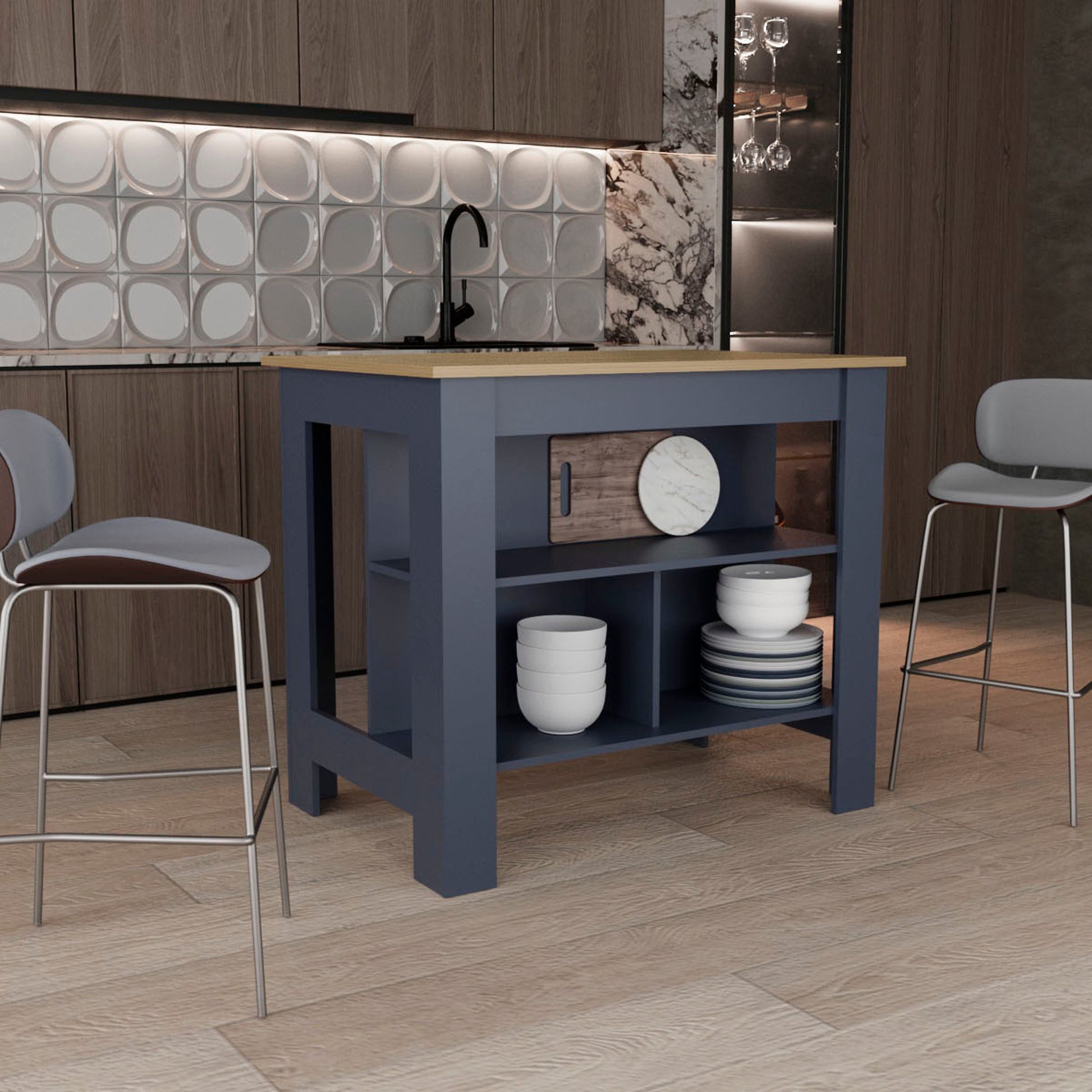 Kitchen Island 35.3" H, 3 Shelves, Alby Blue / Natural Oak - Kitchen