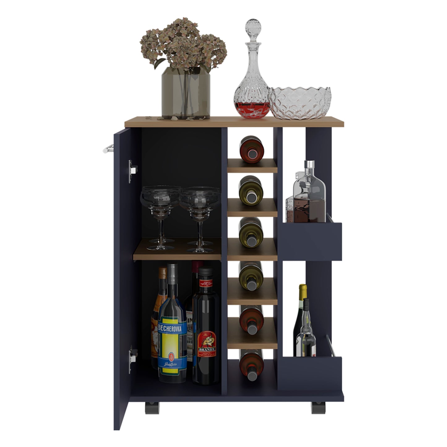 Natural Blue Engineered Wood Kitchen Storage Cart for Dining Room