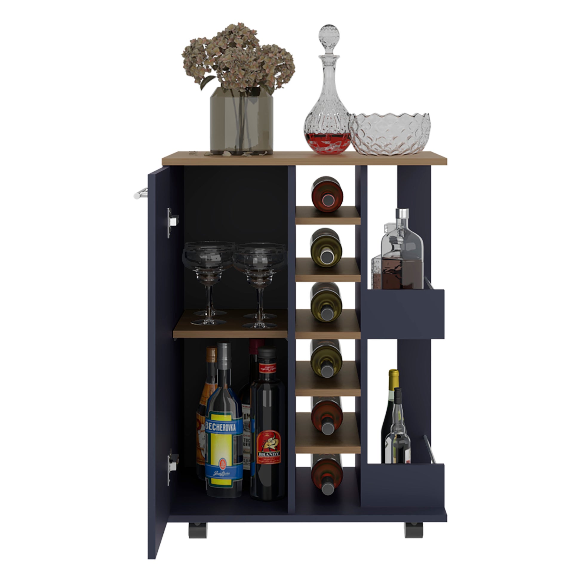 Natural Blue Engineered Wood Kitchen Storage Cart for Dining Room