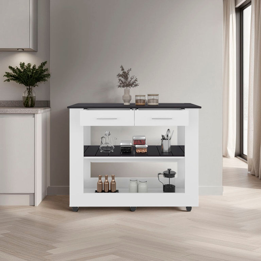 Hardy Kitchen Island, 2 Drawers, 6 Wheels, 2 Shelves, White / Black Wengue