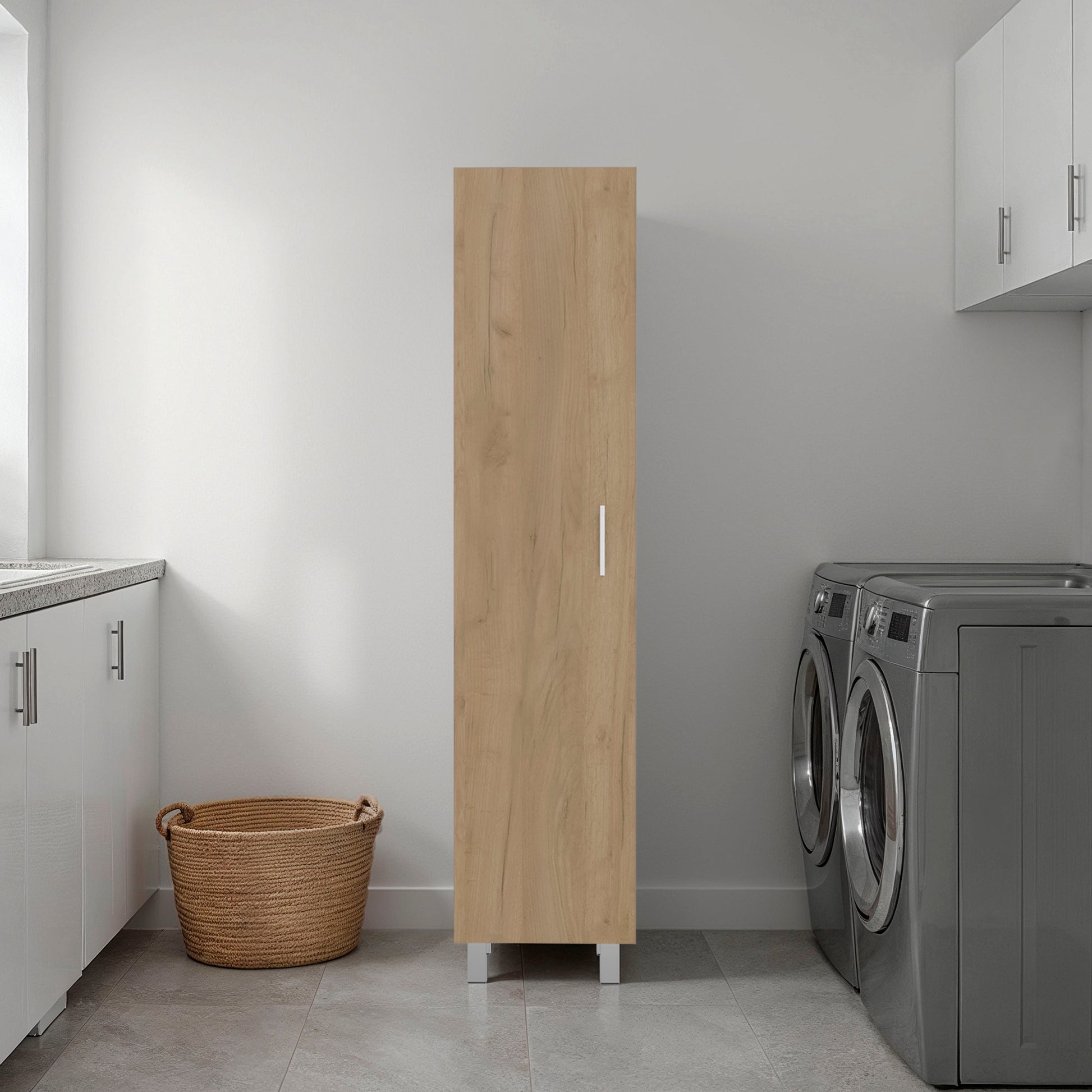 Vernon Slim Storage Cabinet with 4-Tier Shelf and Broom Hangers, Natural Oak