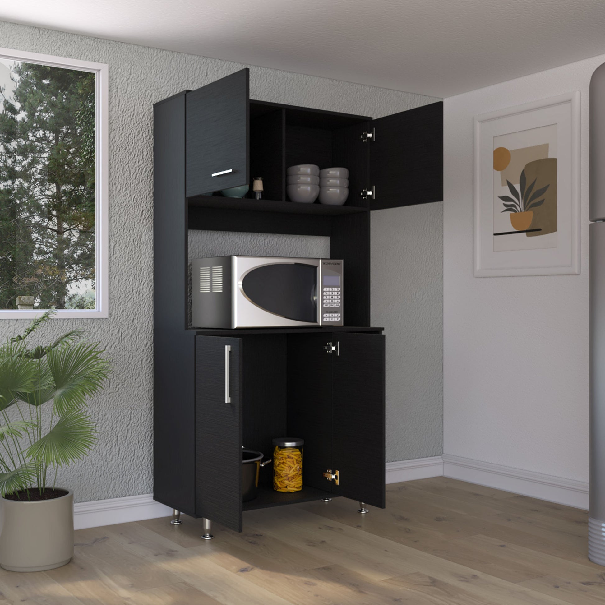 Black Kitchen Server Cabinet with Hutch - 37 Inch Wide