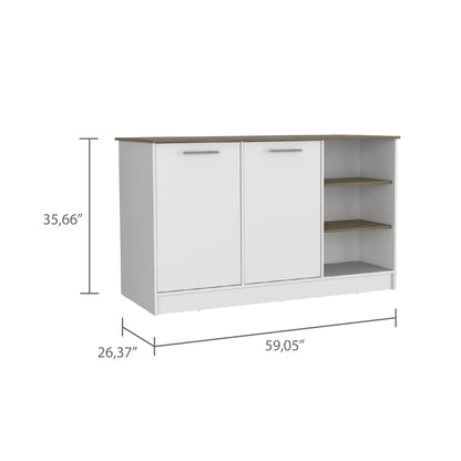 Kitchen Island 2 Cabinets, 3 Shelves - White/Dark Brown Engineered Wood