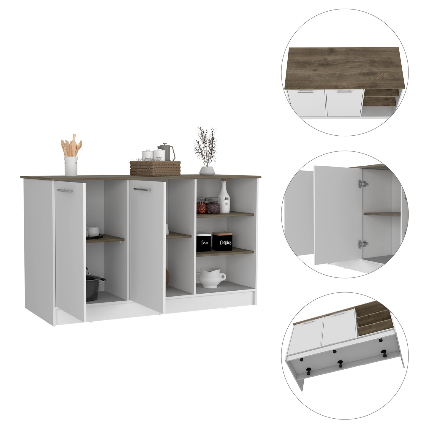 Kitchen Island 2 Cabinets, 3 Shelves - White/Dark Brown Engineered Wood