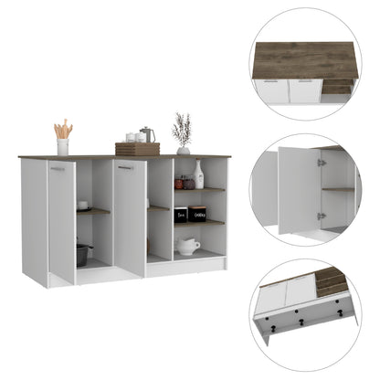 Kitchen Island 2 Cabinets, 3 Shelves - White/Dark Brown Engineered Wood