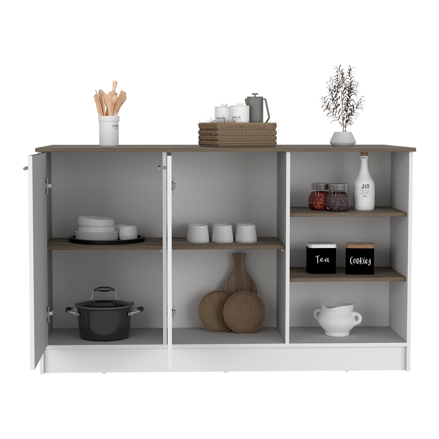 Kitchen Island 2 Cabinets, 3 Shelves - White/Dark Brown Engineered Wood
