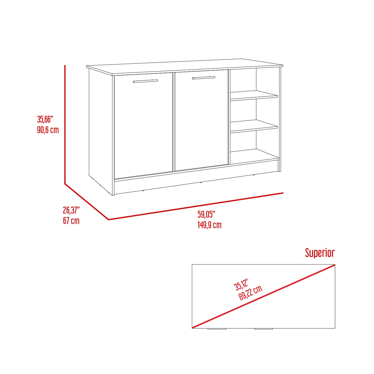 Kitchen Island 2 Cabinets, 3 Shelves - White/Dark Brown Engineered Wood