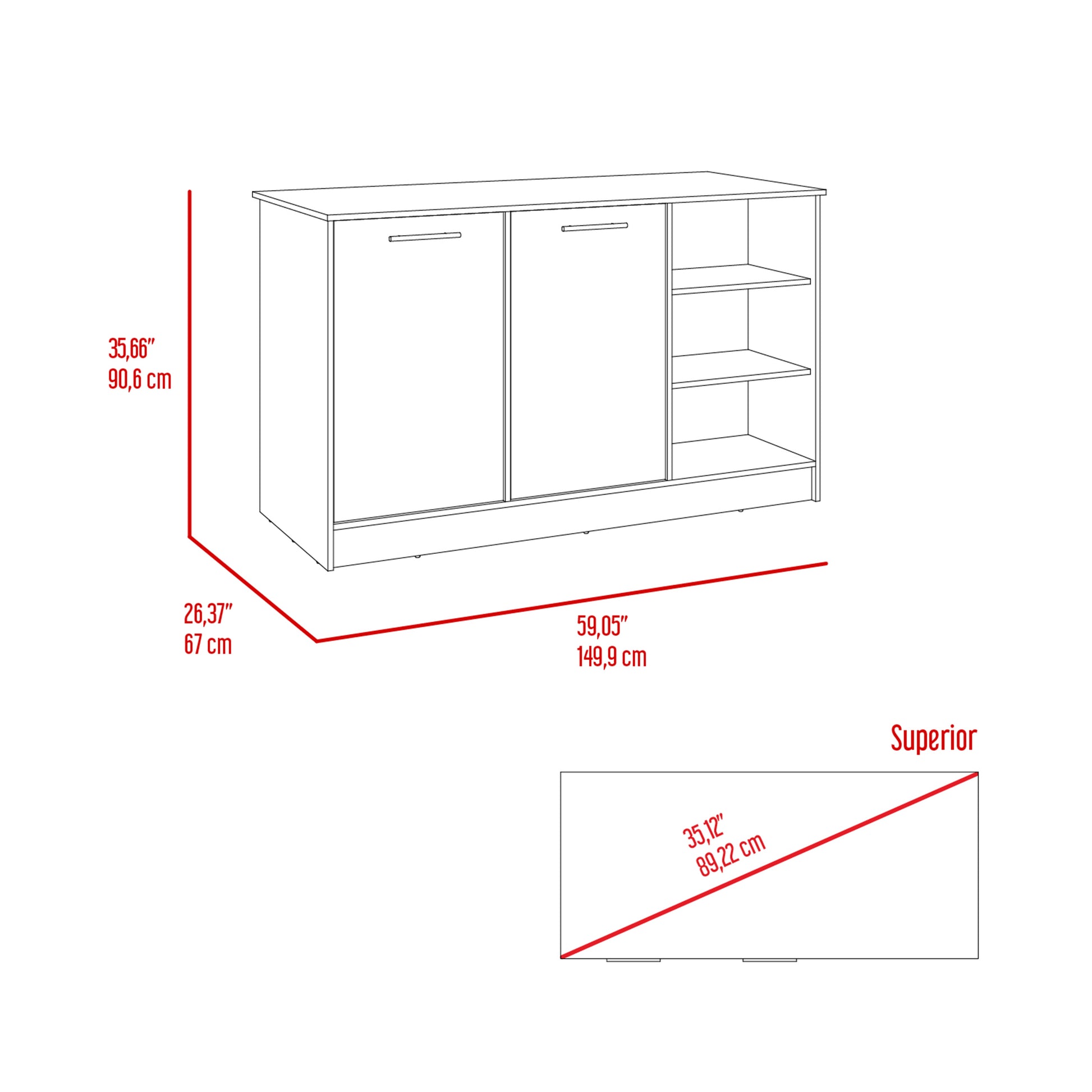 Kitchen Island 2 Cabinets, 3 Shelves - White/Dark Brown Engineered Wood