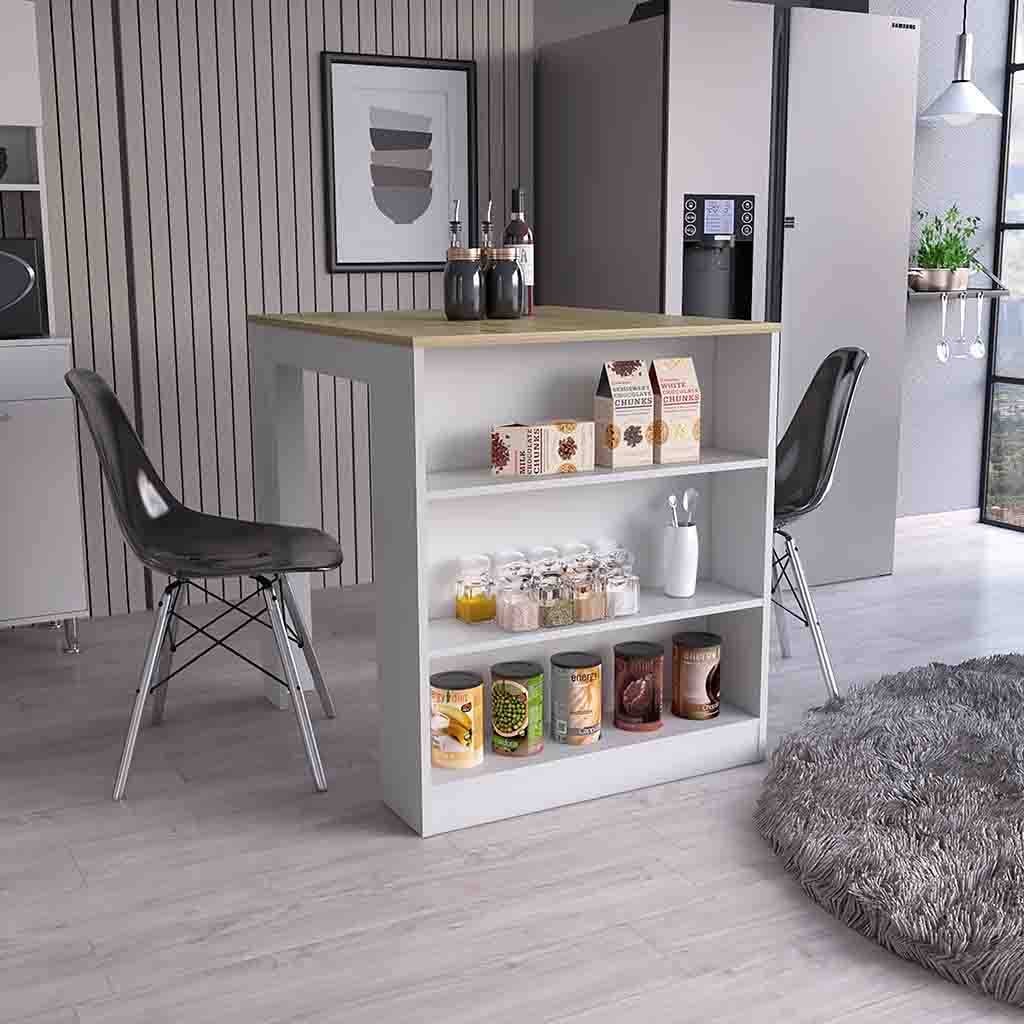 Kitchen Island Table, Two Legs, Three Side Shelves, White / Pine