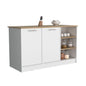 Kitchen Island Two Cabinets, Three Open Shelves, White / Natural Oak