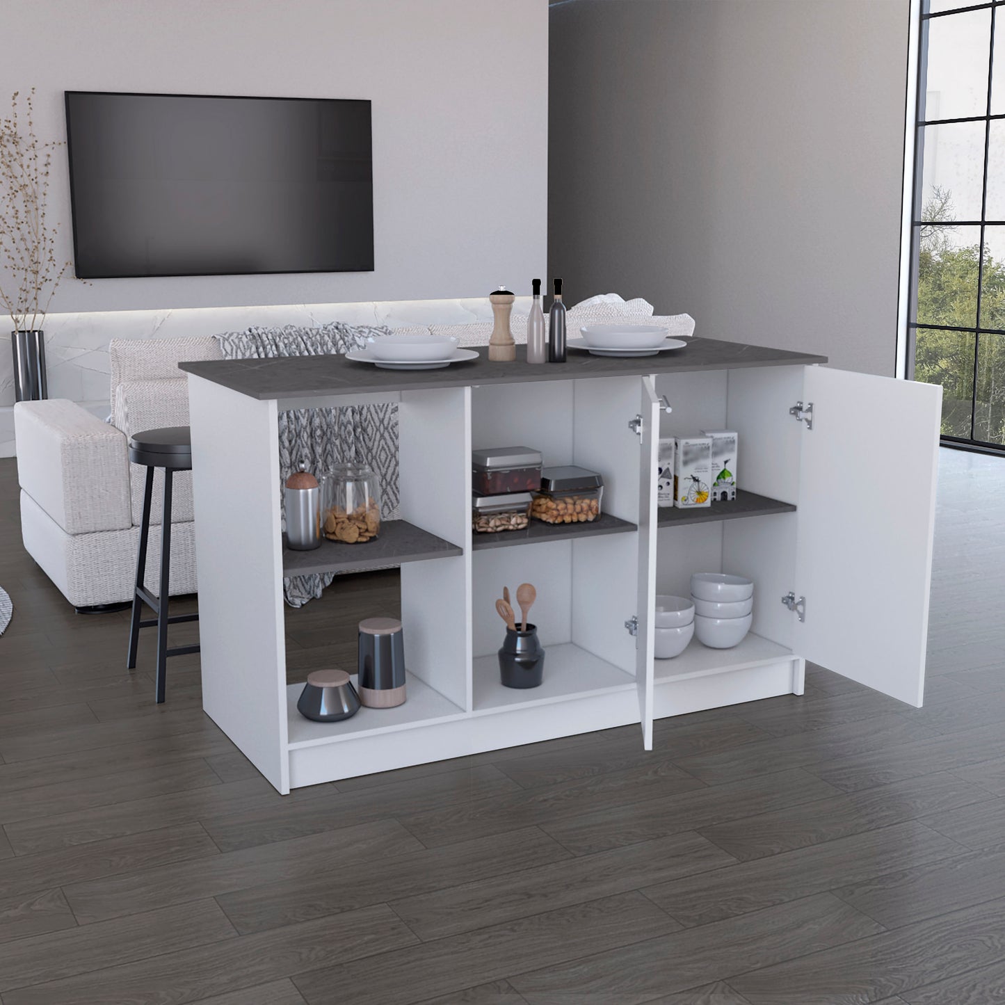White Kitchen Island with Storage and Shelves for Workspace