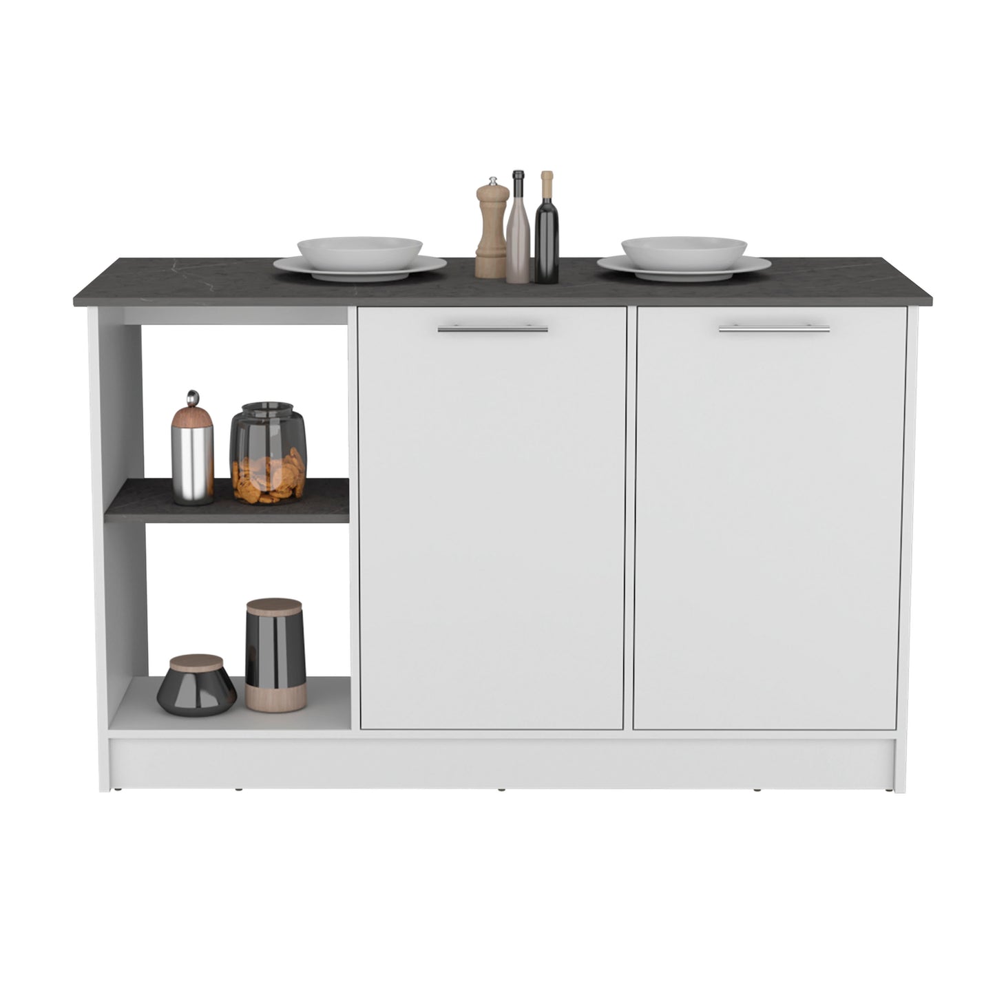 White Kitchen Island with Storage and Shelves for Workspace