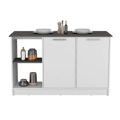 White Kitchen Island with Storage and Shelves for Workspace