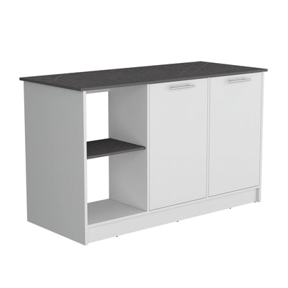 White Kitchen Island with Storage and Shelves for Workspace