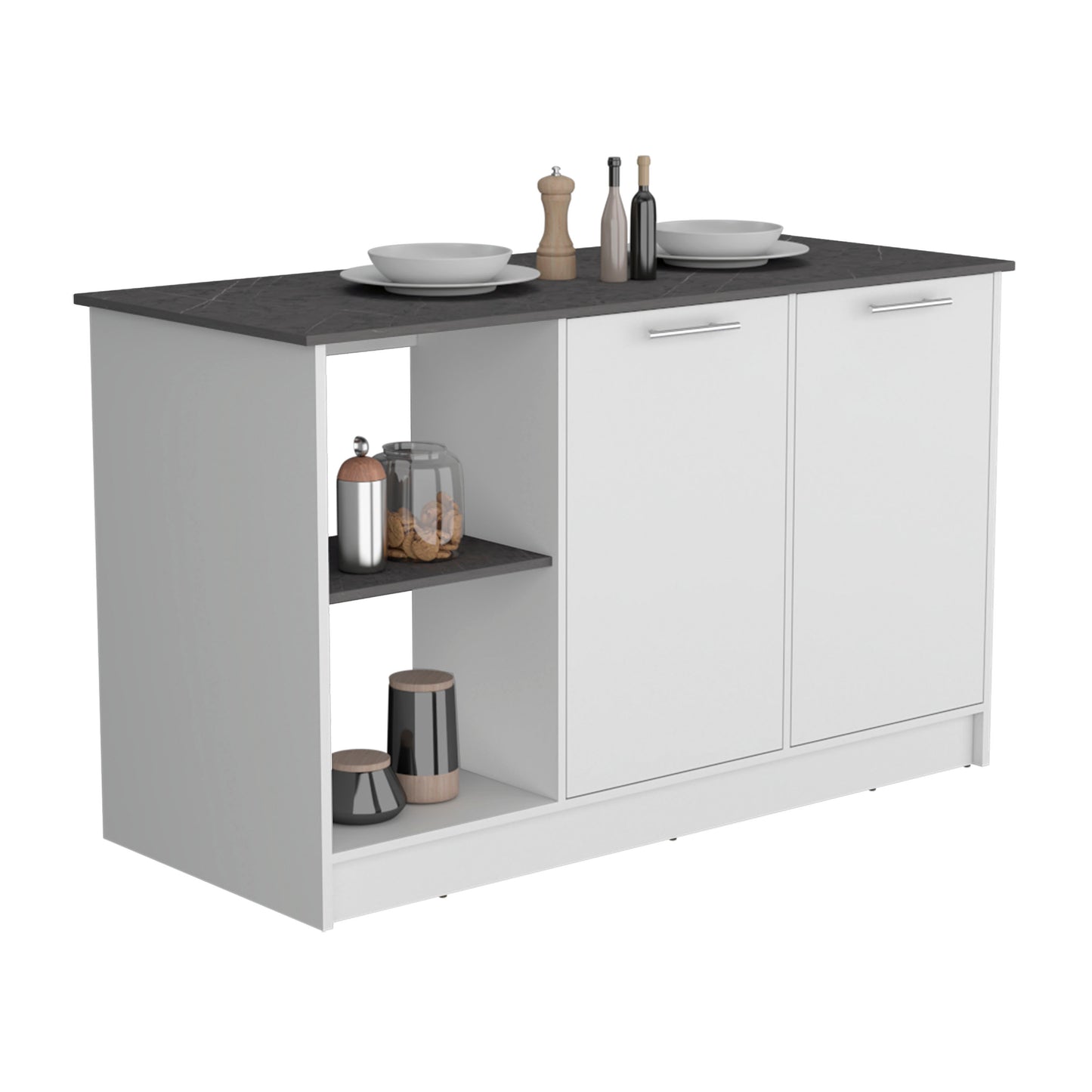 White Kitchen Island with Storage and Shelves for Workspace