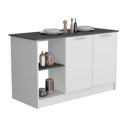 White Kitchen Island with Storage and Shelves for Workspace
