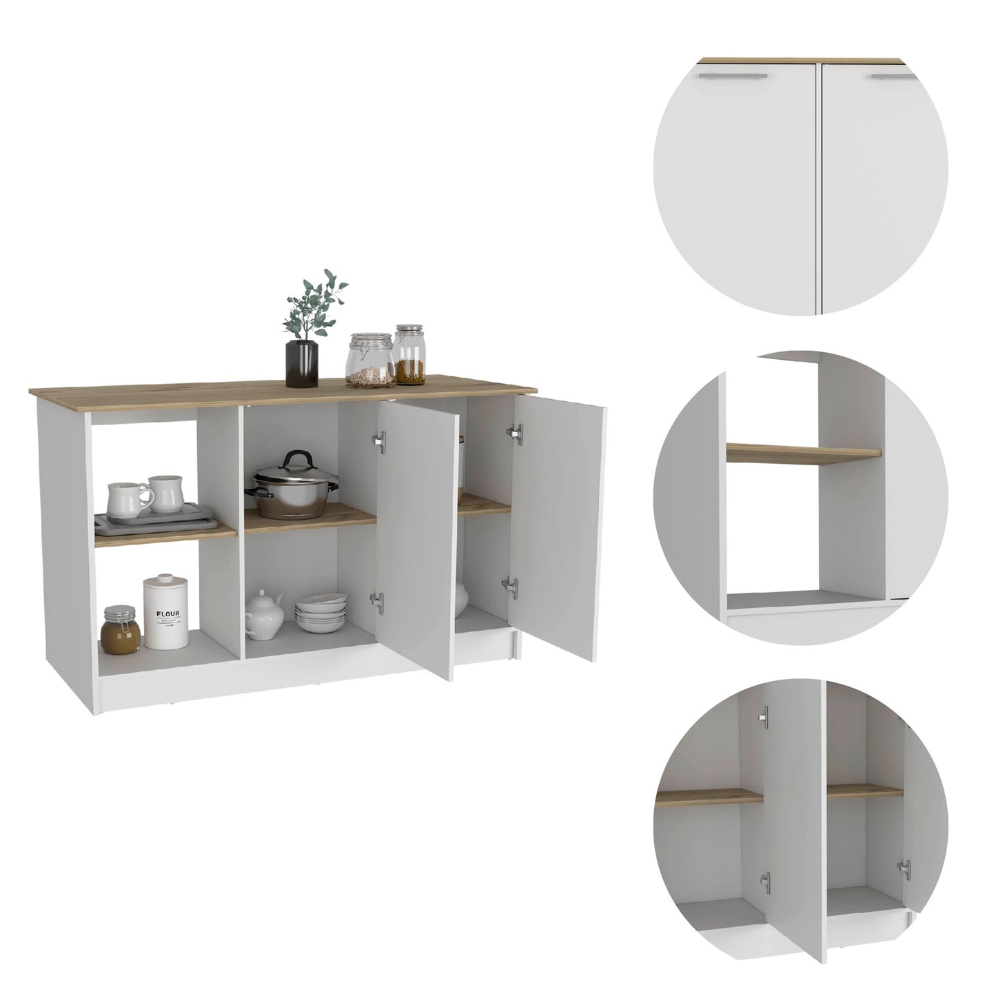 White Kitchen Island with Storage - 25.19 x 59 x 35.43", Durable Engineered Wood